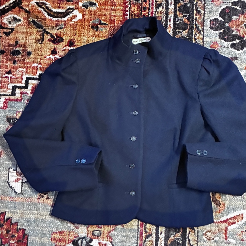 Vintage Navy Wool Austrian Equestrian Style Puff Sleeve Tailored Blazer 11 - Picture 7 of 7